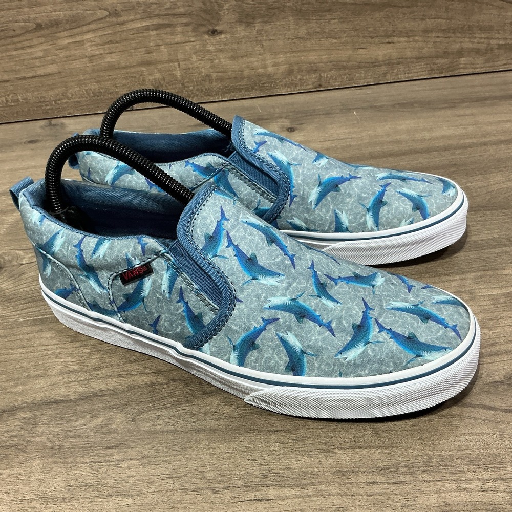 Vans Shark Print Slip On Sneakers Youth Size 7 Blue White Shoes Fun Summer